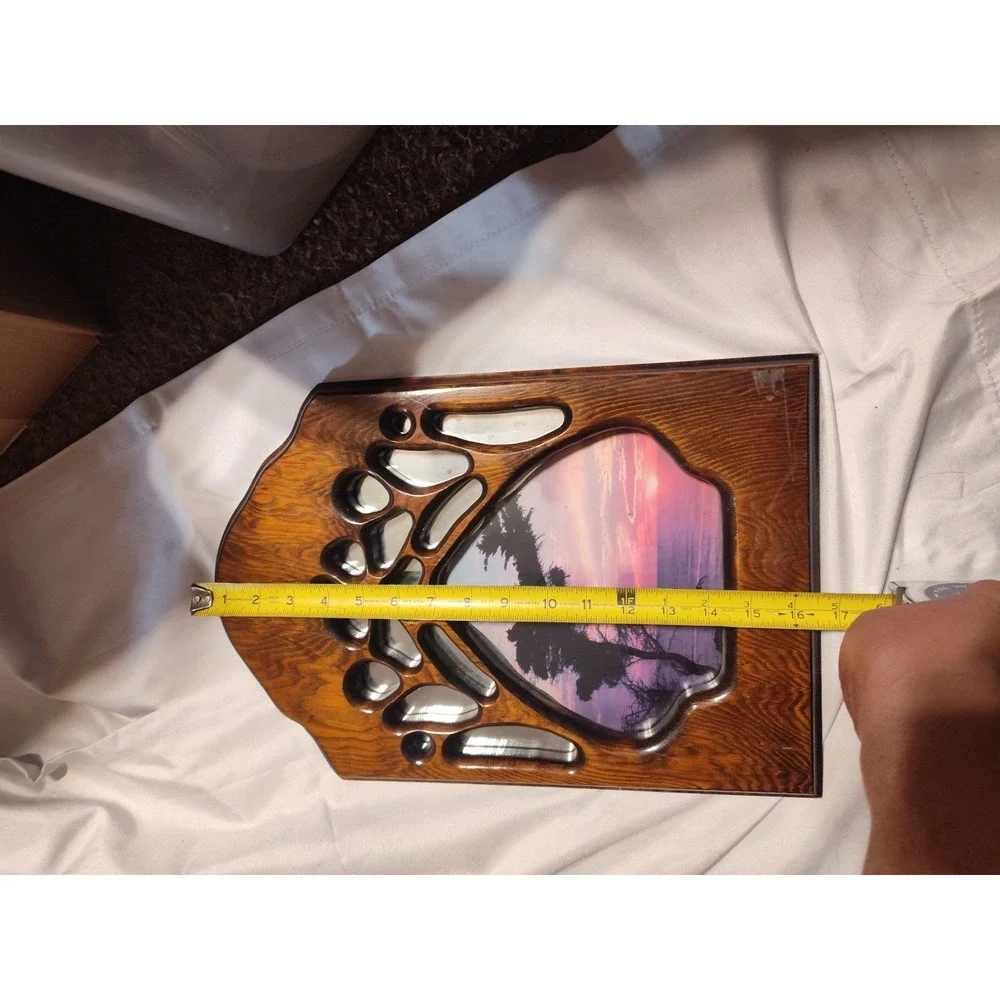 Handmade Wall Hanging With Mirror And Pict Of A Sunset. Shaped Like A Bear Paw